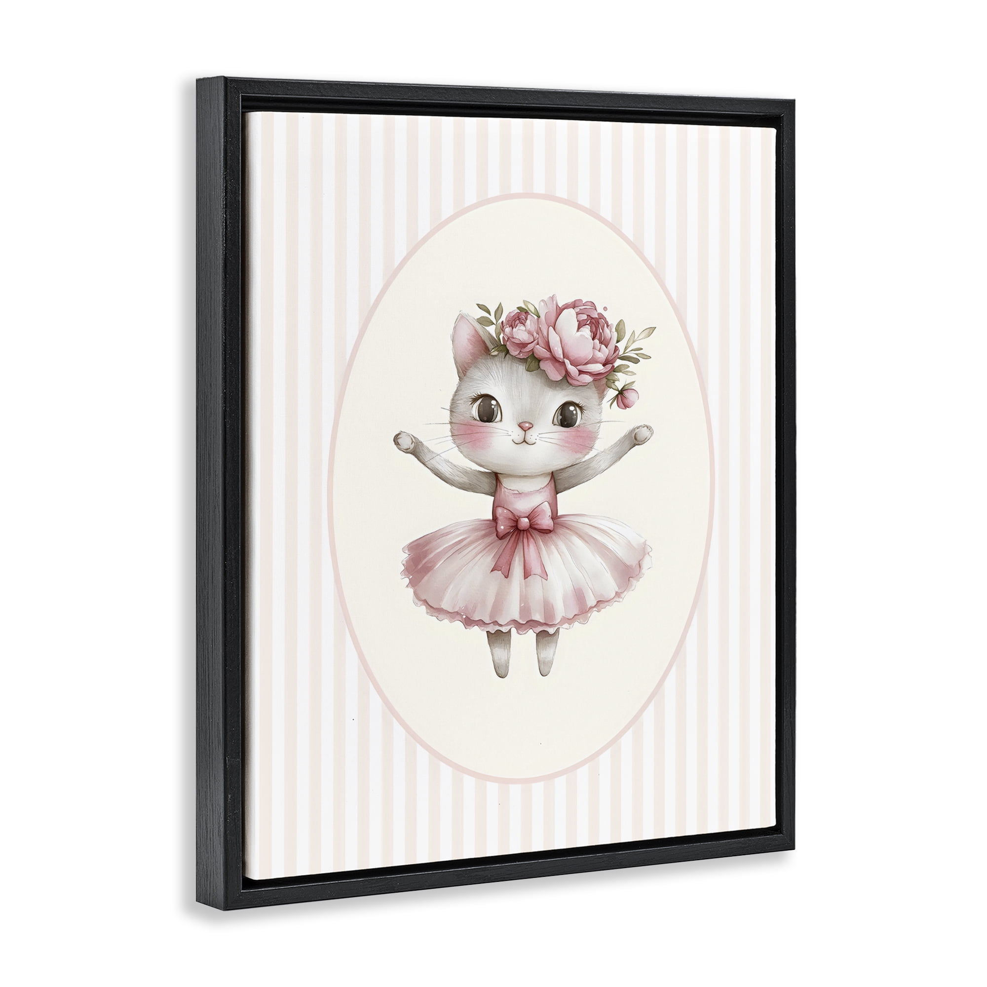Stupell Industries Nursery Ballerina Cat Striped Black Framed Floater Canvas Wall Art, design by LSR Design Studio