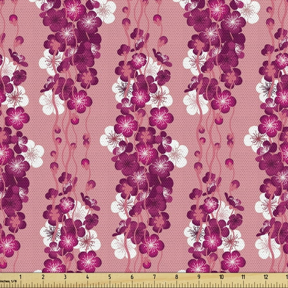 Ambesonne Spring Fabric by the Yard Upholstery, White Cherry Blossom Art, 10 Yards, Pale Fuchsia and Pastel Pink