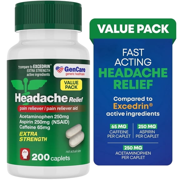 GenCare Headache Relief Acetaminophen 250mg, Aspirin 250mg & Caffeine 65mg, 200 Caplets