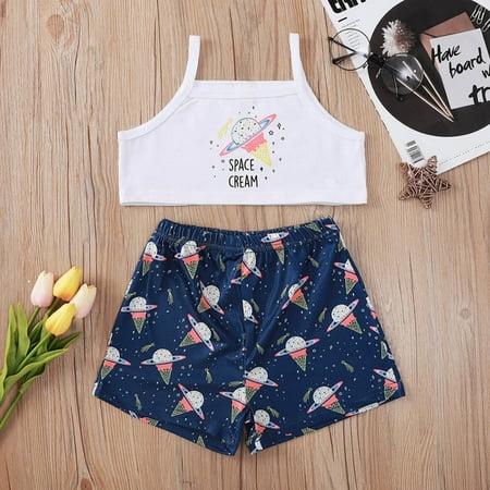 

AURIGATE Toddler Girl European And American Sling Letter Blouse + Printed Shorts Suit Clearance