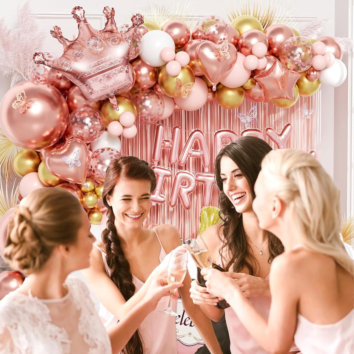 Pink Golden Ball Wreath Bow Set, Birthday Party Decoration, Birthday Party and Wedding Balloon Supplies, Baby Shower Latex Balloon
