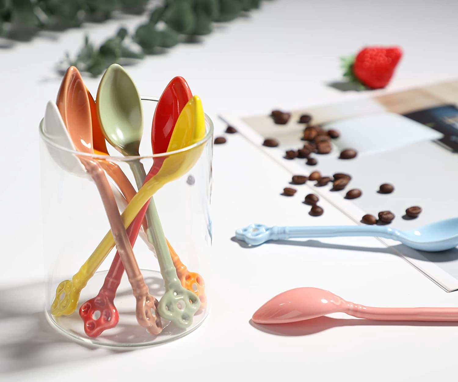 ABCISI Retro Key Shape Coffee Spoons, Vintage Ceramic Espresso Spoons Set of 6, Small Coffee Stirring Spoon for Coffee, Dessert, Tea and Ice Cream, Multicolored