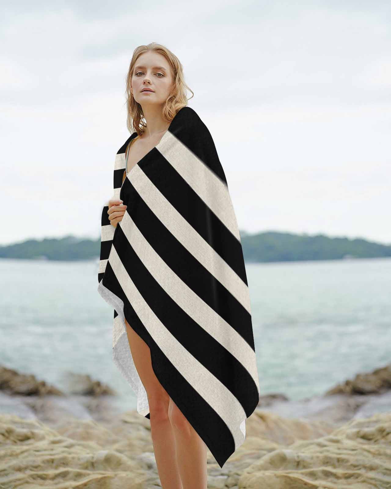 Black Beige Striped Beach Towels Oversized Super Absorbent, Vintage Geometric Line Simple Lightweight Bath Towel Quick Dry Sets For Bathroom/Pool/Rv Camping/Beach Play/Gym Room/Picnic 31"x62"
