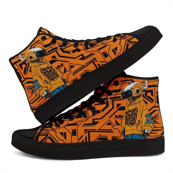 Coolcustomize Men's High-Top Sneakers, Orange Casual Boots with Robot Samurai Art & Graffiti, Punk Footwear for Skaters, Trendy Casual Urban Wear Shoes for Daily Wear, Sport Walking Causual Shoes