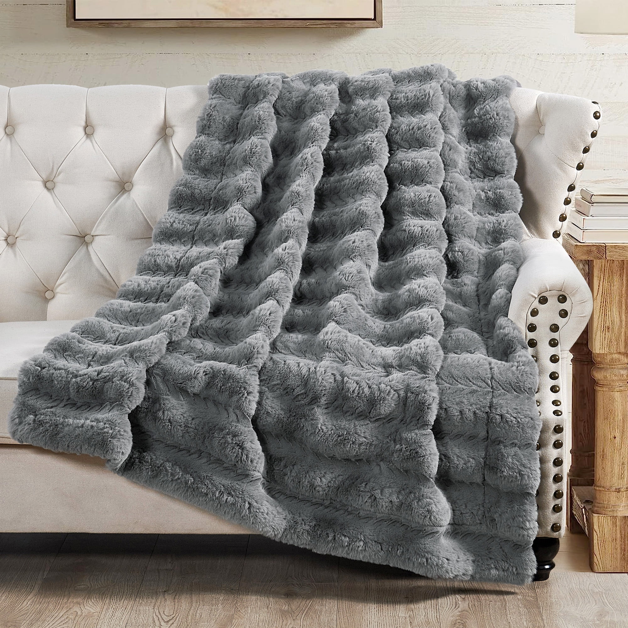 Home Soft Things Tread Pattern Faux Fur Throw Blanket with Micromink Back, Luxury Soft Cozy Plush Fluffy Fuzzy Reversible Thick Warm Throw Blanket, 60x70 inches, Grey
