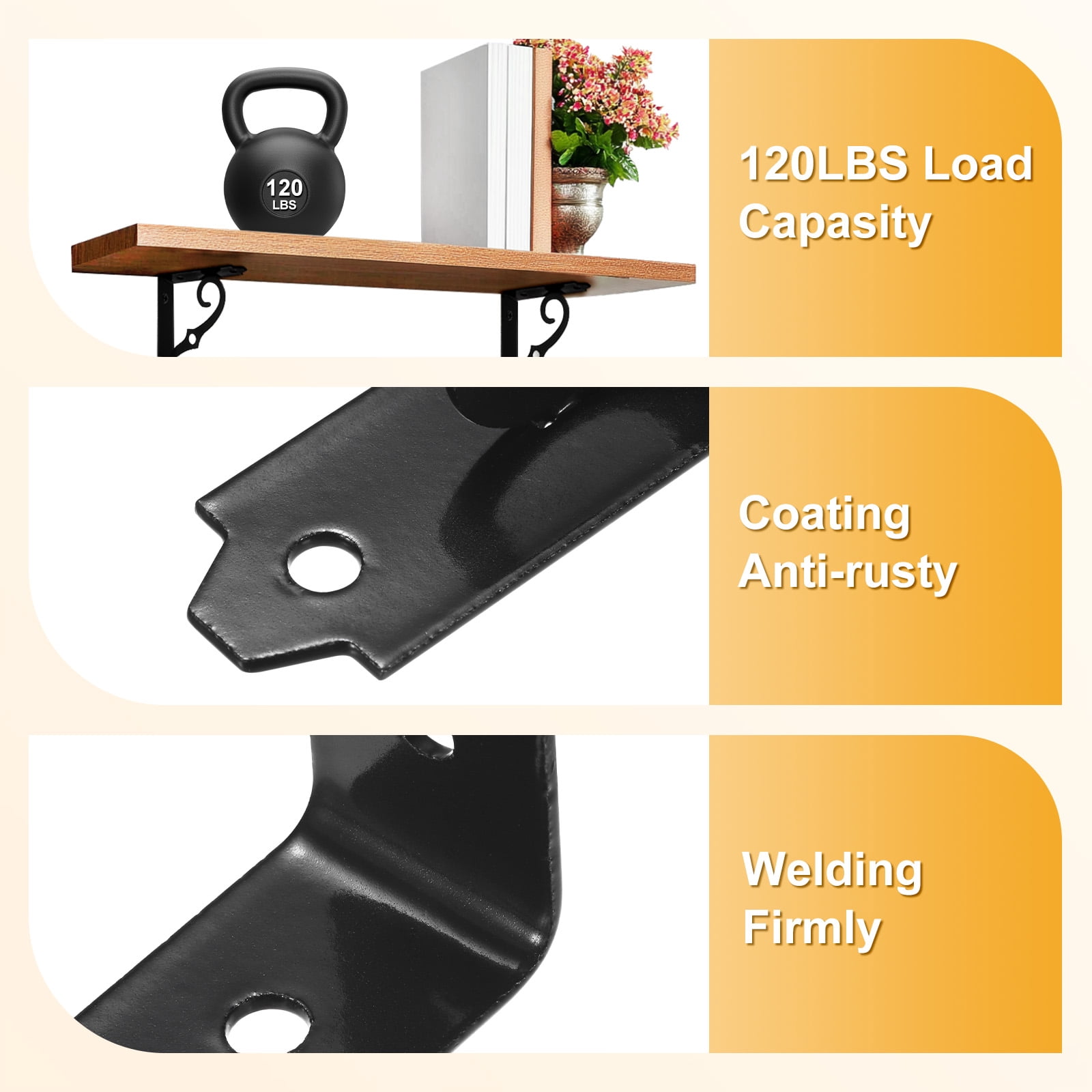 6-Pack Shelf Brackets, 10 Inch Long Iron Wall Mount Shelf Support Bracket for Home/Kitchen/DIY Decorative [Black]
