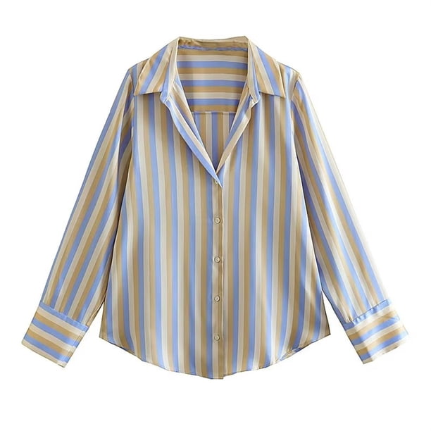 Camisa de gran tamaño a rayas for mujer, blusa de satén, camisas de manga larga con botones for camisas y blusas con cuello