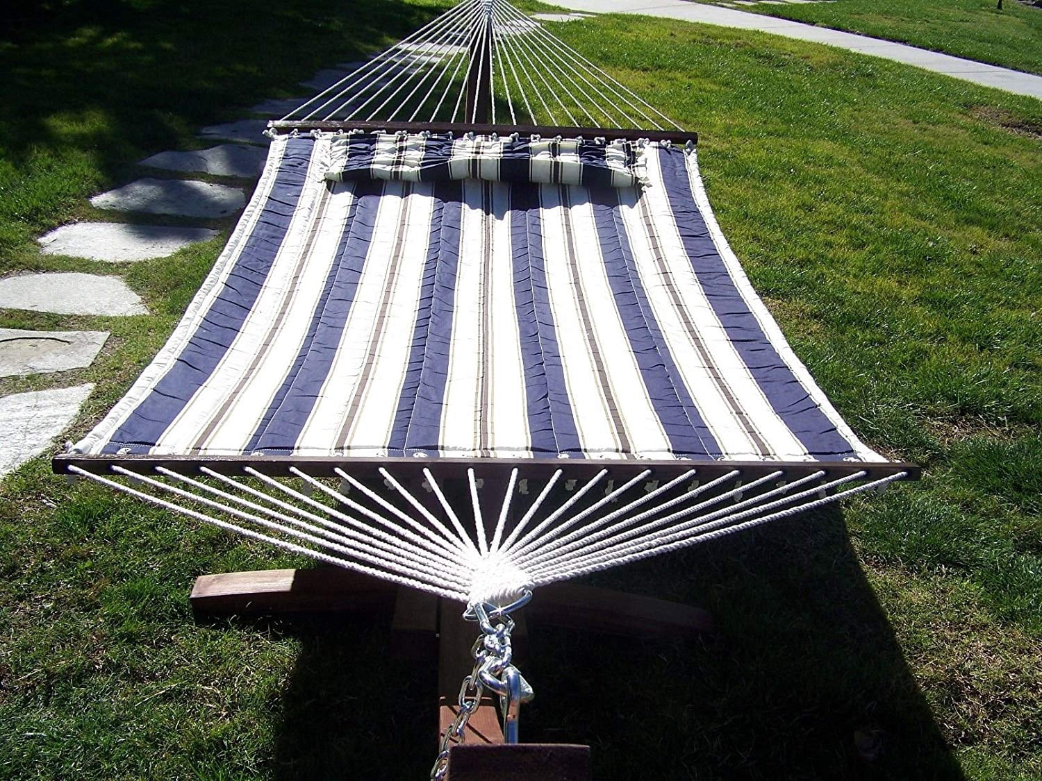 Petra Leisure 14 Ft. Coffee Stain Wooden Arc Hammock Stand + Deluxe Quilted Elegant Blue Stripe, Double Padded Hammock Bed w/Pillow. 2 Person Bed. 450 LB Capacity&nbsp;