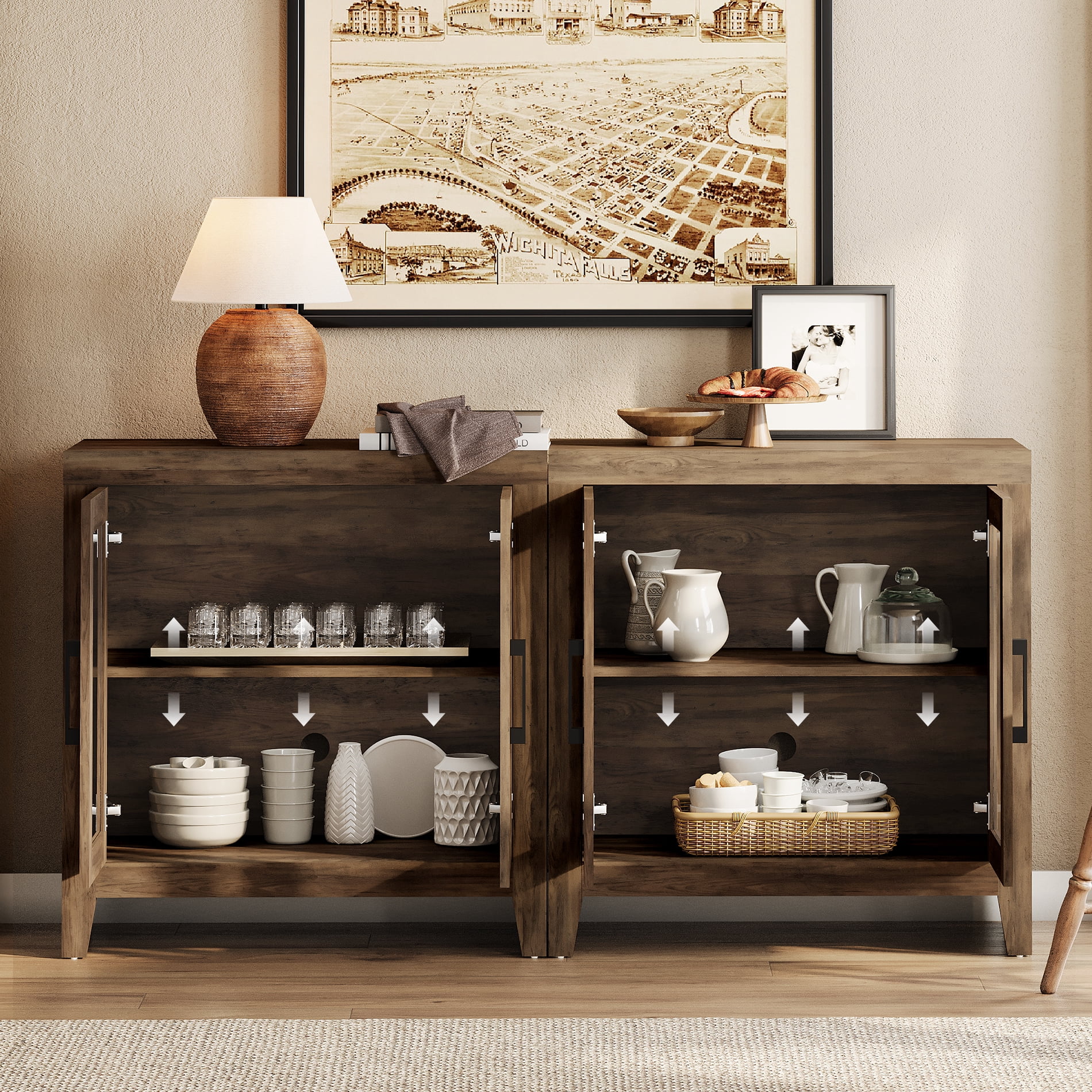 WAMPAT Modern Farmhouse TV Stand up to 70"TV, Entertainment Center with Tempered Glass Doors & Adjustable Shelves, Brown