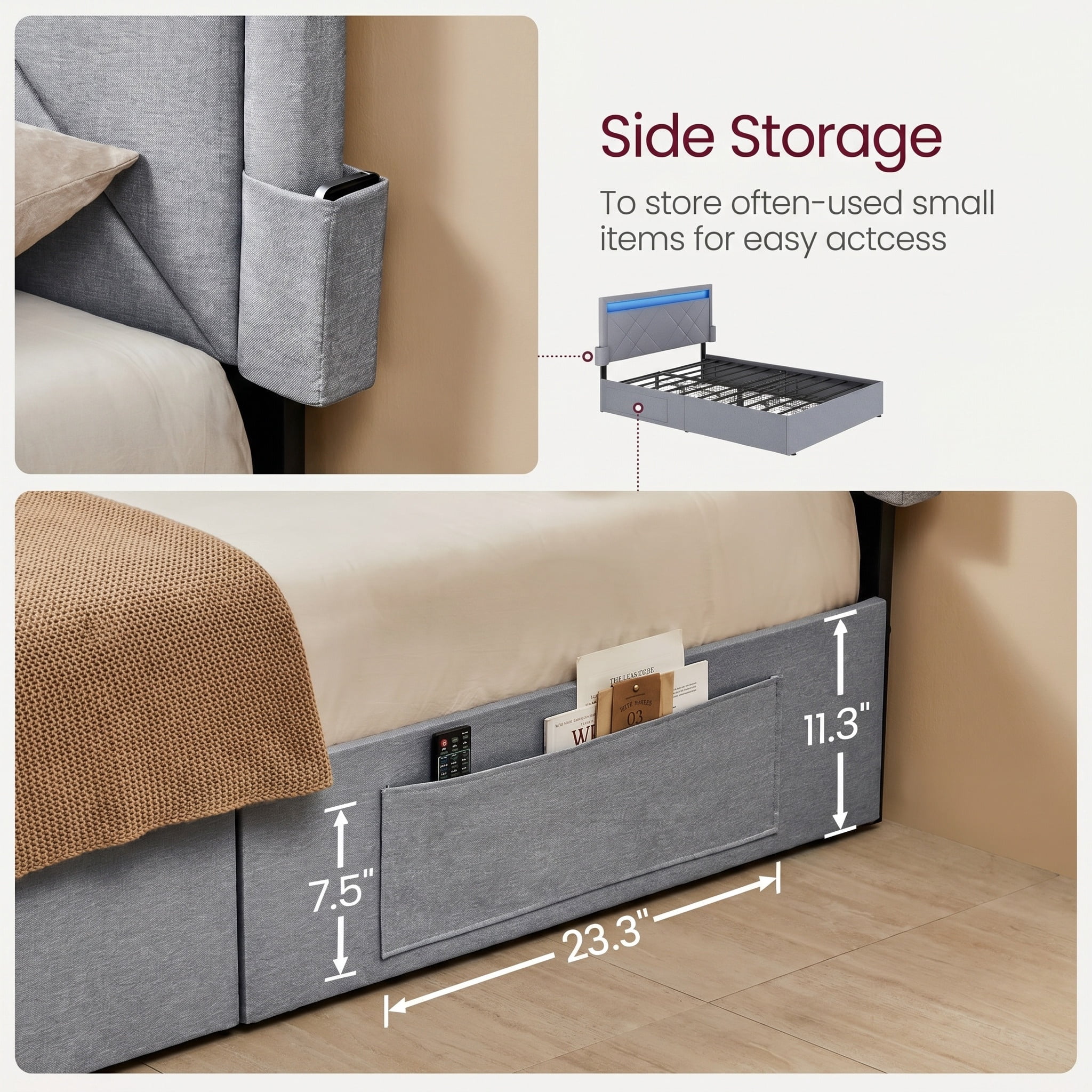 Full Size Light Gray Upholstered Platform Bed Frame with LED Headboard, 4 Drawers, and Built-In Charging Station