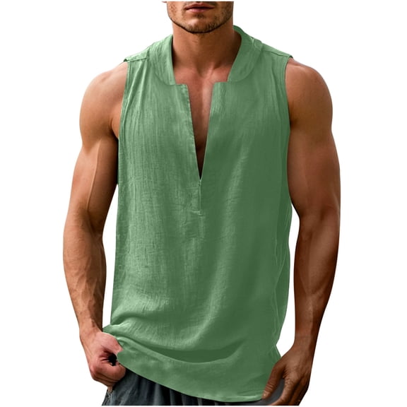 Men's Summer Cotton Linen Tanks V Neck Lapel Tops Sleeveless T Shirts Breathable Leisure Blouses Solid Color Tank Tops Big and Tall Muscle Tee