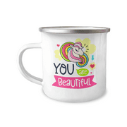 You Are Beautiful, Unicorn Coffee Mug, Lover, Wife, Valentines Mug-12 oz Stainless Steel Enamel Finish White Camper Coffee Mug
