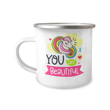 You Are Beautiful, Unicorn Coffee Mug, Lover, Wife, Valentines Mug-12 oz Stainless Steel Enamel Finish White Camper Coffee Mug