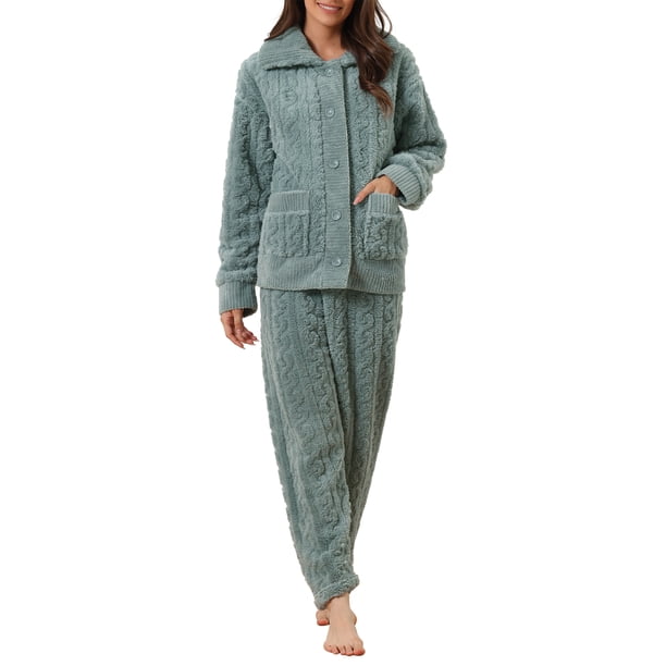 Conjunto de pijama de felpa suave y cálido para mujer INSPIRE CHIC, con botones, de manga larga y con bolsillos, tamaño XS, color gris azul