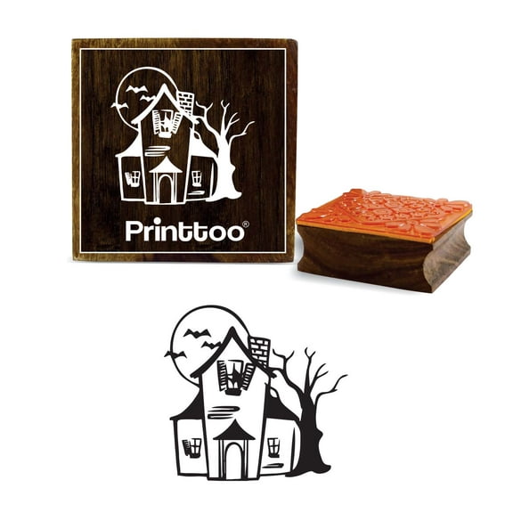 Printtoo Halloween Hunted House Design Square Wooden Rubber Stamp Brown Block-5 x 5 Inches