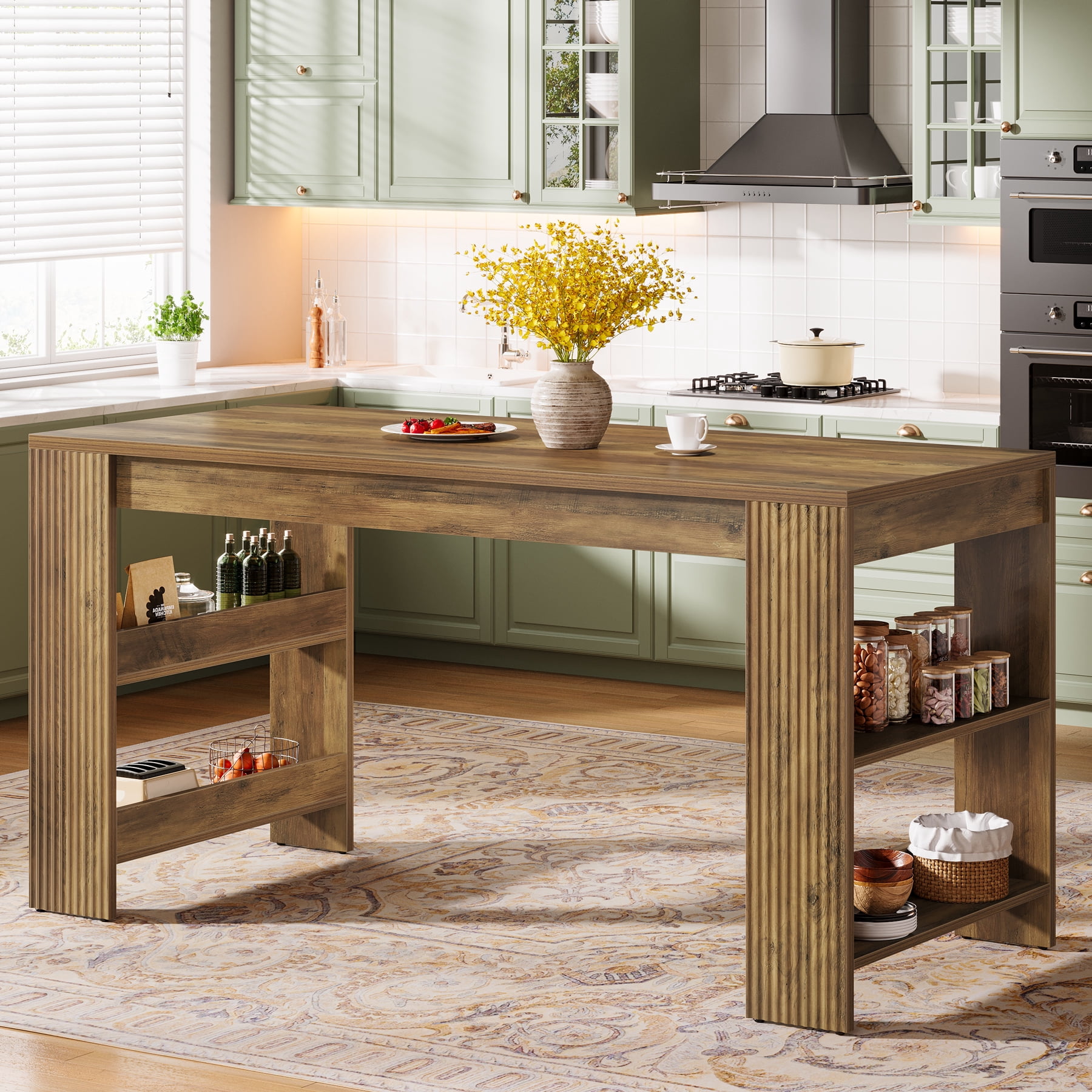 Finmind 63-inch Kitchen Island with Storage, Large Stationary Island Table for Kitchen, Farmhouse Home Bar Unit for Kitchen, Rustic Brown