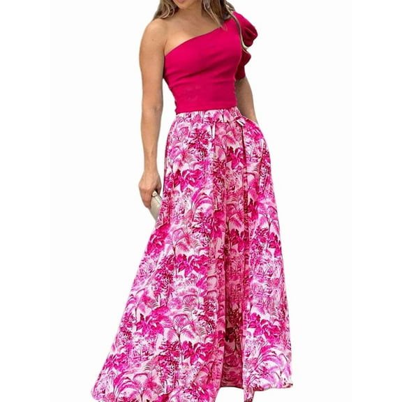 2 Piece Outfits for Women One Shoulder Short Top Floral Long Wide Leg Pants Palazzo Sets Rose Red L