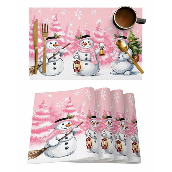 Placemats Set of 6, Pink White Snowman Christmas Woven Placemat, Linen Place Mats for Kitchen/Dining Tables, Xmas Tree Snowflake Winter Washable Table Mats for Party