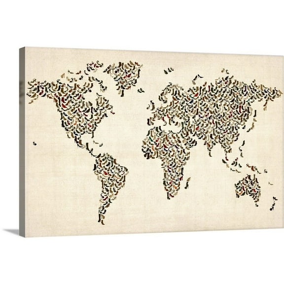 Great Big Canvas "World map made up of shoes"  by Michael Tompsett Black Gray   Wrapped Canvas Print Wall Artwork