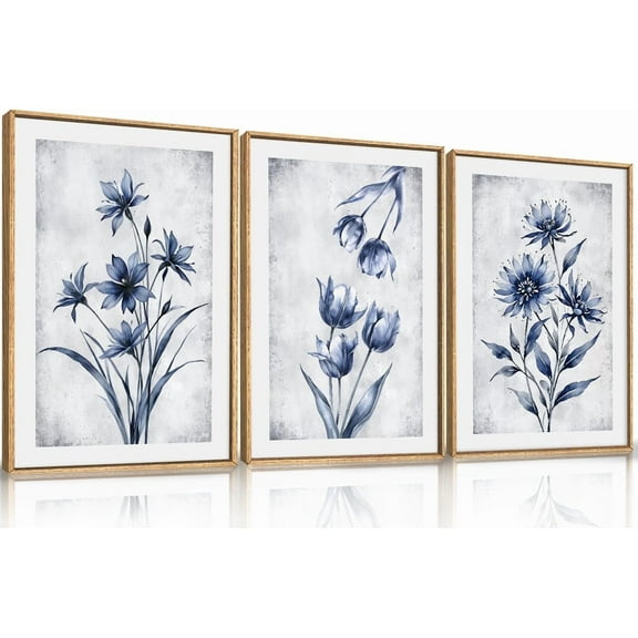 Navy Blue and Grey Flower Framed Canvas Wall Art Set,Modern Botanical Plant Wall Decor,Neutral Wildflower Painting,Watercolor Aesthetic Floral Artwork for Living Room,Bedroom,Office-24''x36''x3