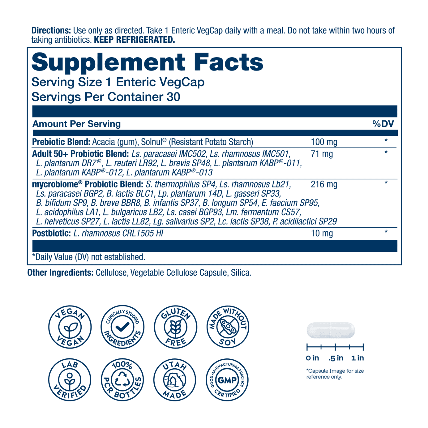 SOLARAY Mycrobiome Complete Probiotic Adult 50 Plus - Pre and Probiotics for Women and Men Plus Postbiotic - 50 Billion CFU, 28 Strains - Vegan - 30 Servings, 30 VegCaps