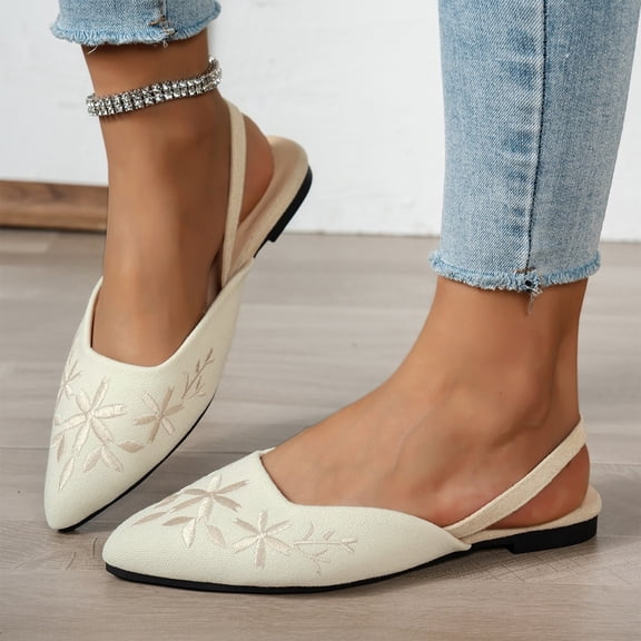KEVCHE Chinese Style Embroidered Chunky Low Heel Shoes for Women, European American Slingback Sandals with Pointed Toe, Soft Sole Flats for Women
