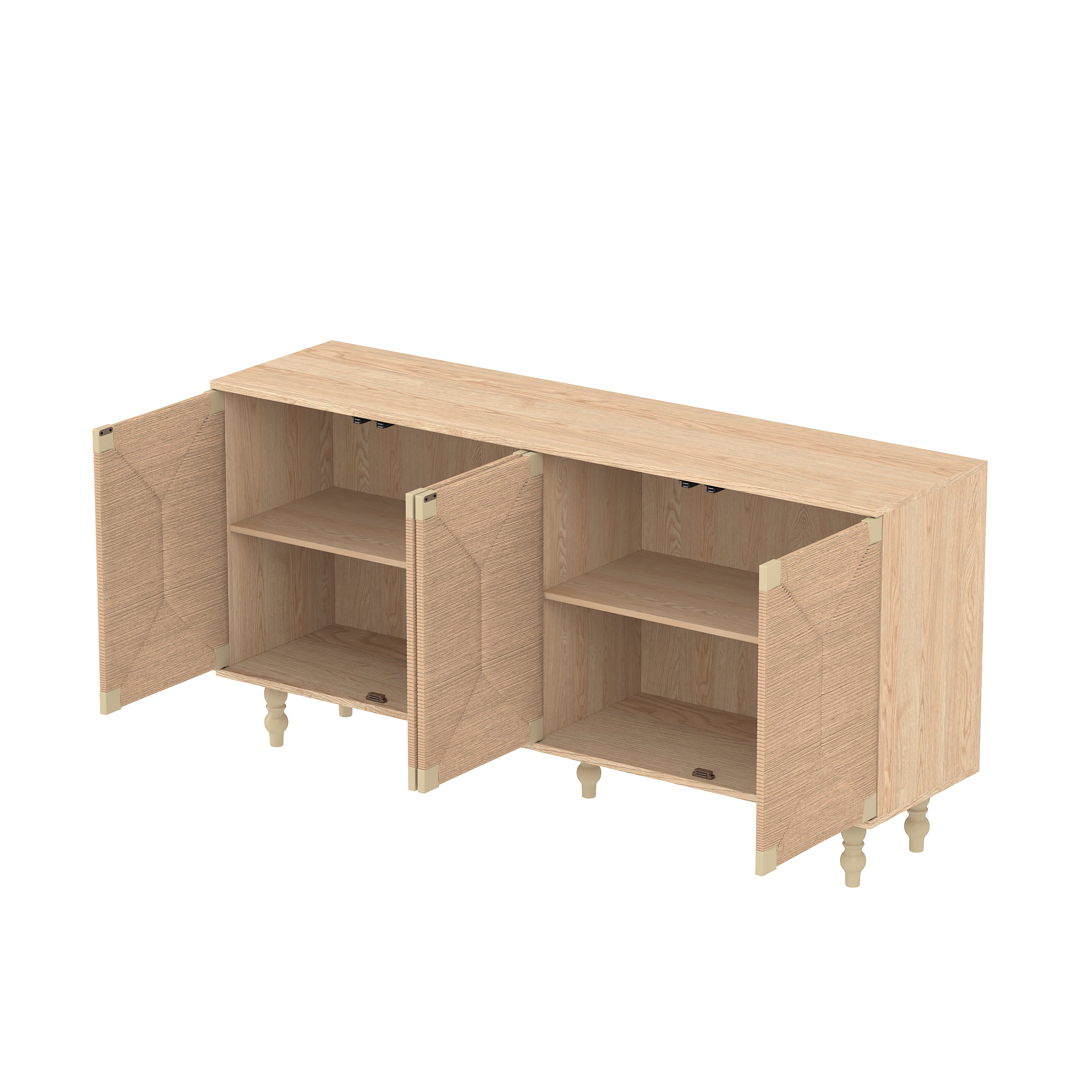GARITIN Sideboard Buffet Cabinet, Accent Storage Wood TV Stand with Wire-Brushed Seagrass Doors, 4-Compartment Cabinet for Hallway Entryway Dining Room, Natural+Rustic