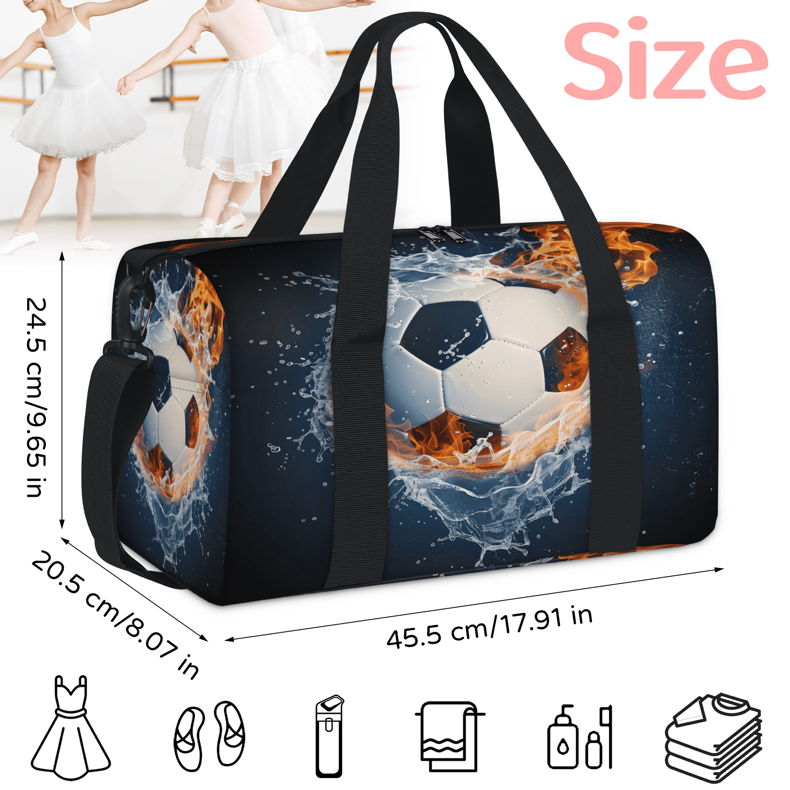 Herdesigns Soccer Ball On Fire And Water Travel Duffle Bag Sports Yoga Weekender Overnight Carry on Workout Bags Lightweight Waterproof Gym Tote Bag for Women