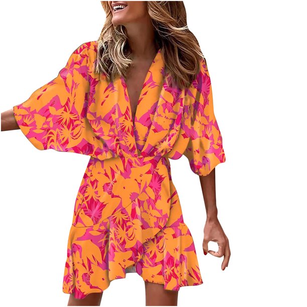 Vestidos Para Mujer Trompeta Media Manga Volantes Dobladillo Irregular Impreso Escote en V Cintura Mini Vestidos Con Volantes Odeerbi ODB132887