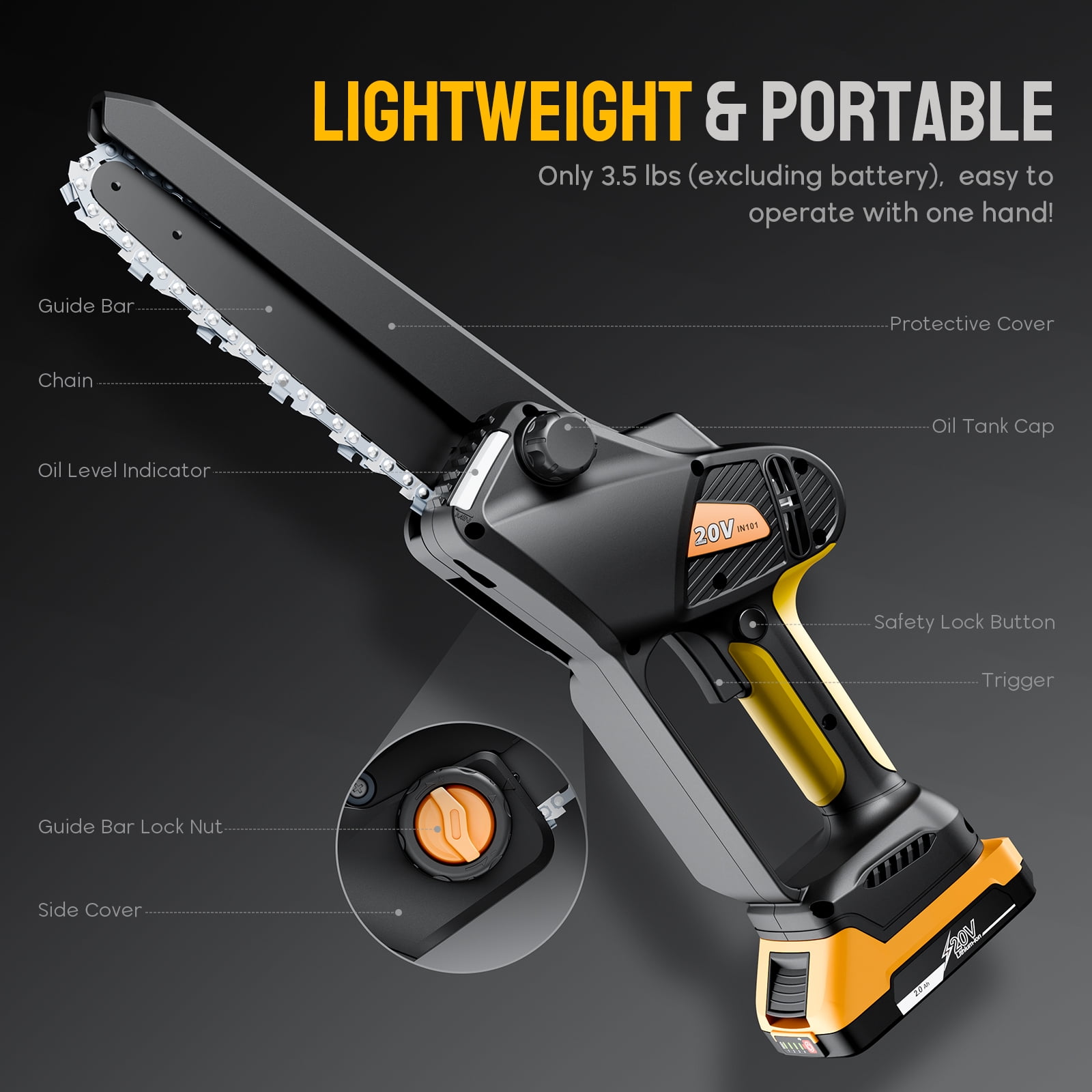 SUGIFT Mini Chainsaw Cordless, 8 Inch Electric Chainsaw with Brushless Motor, Portable Chain Saw for Tree Trimming, 20V Battery, Yellow
