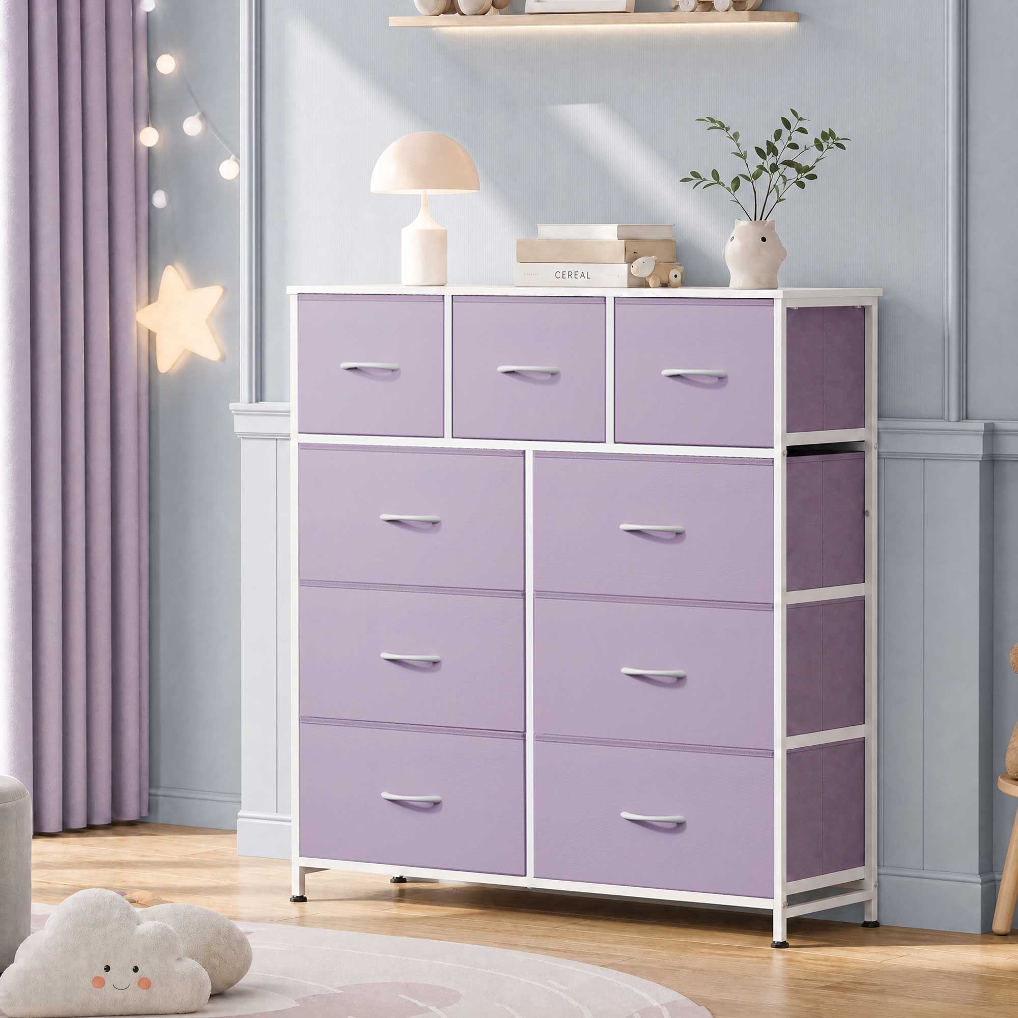 GALAXHERO 9-Drawer Fabric Dresser, Tall Storage Tower for Bedroom, Hallway, Entryway, Closet, Chest Organizer Unit with Fabric Bins, Steel Frame, Wood Top, Easy Pull Handle, Purple