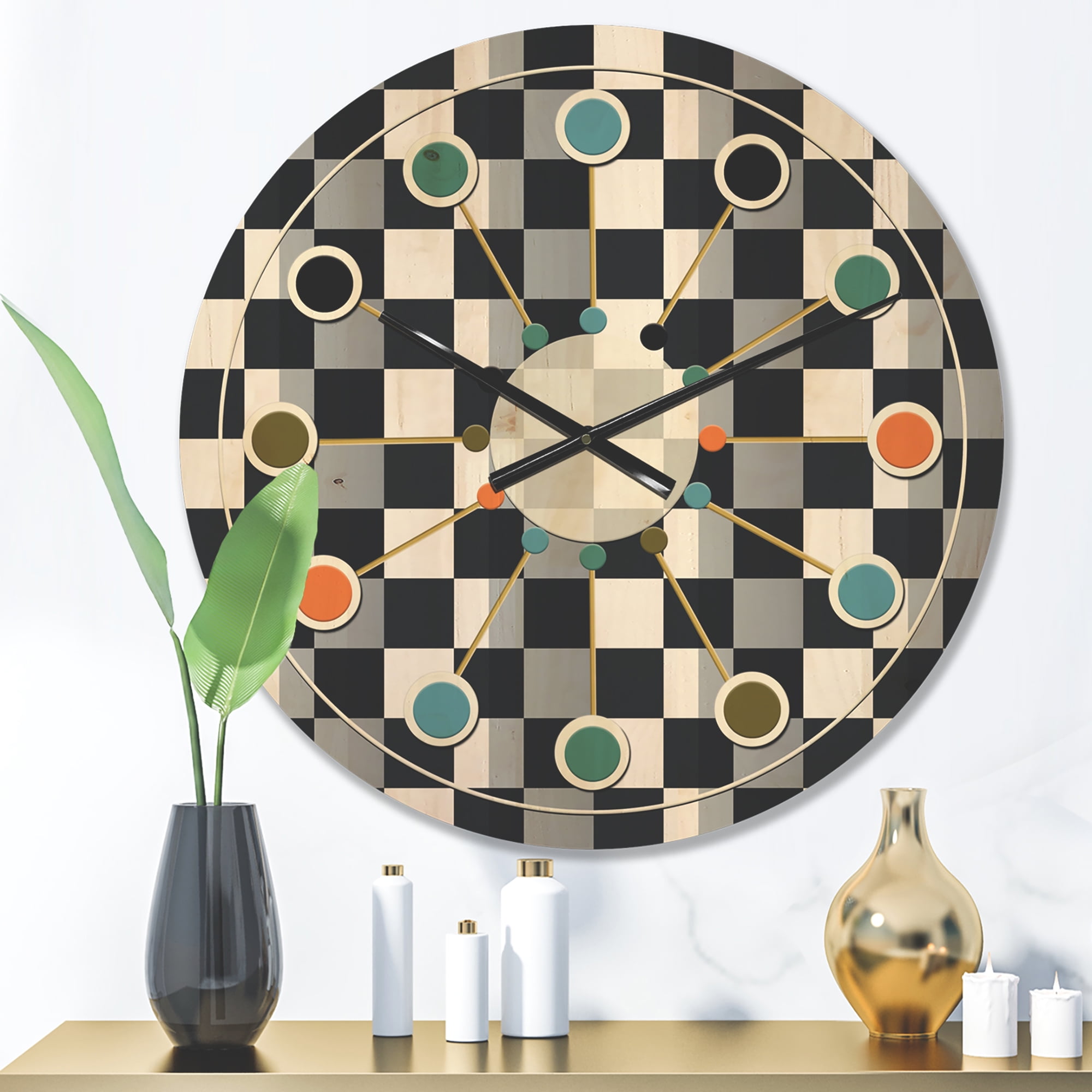 Designart 'Geometric Black and White Pattern I' Mid-Century Modern Wood Wall Clock