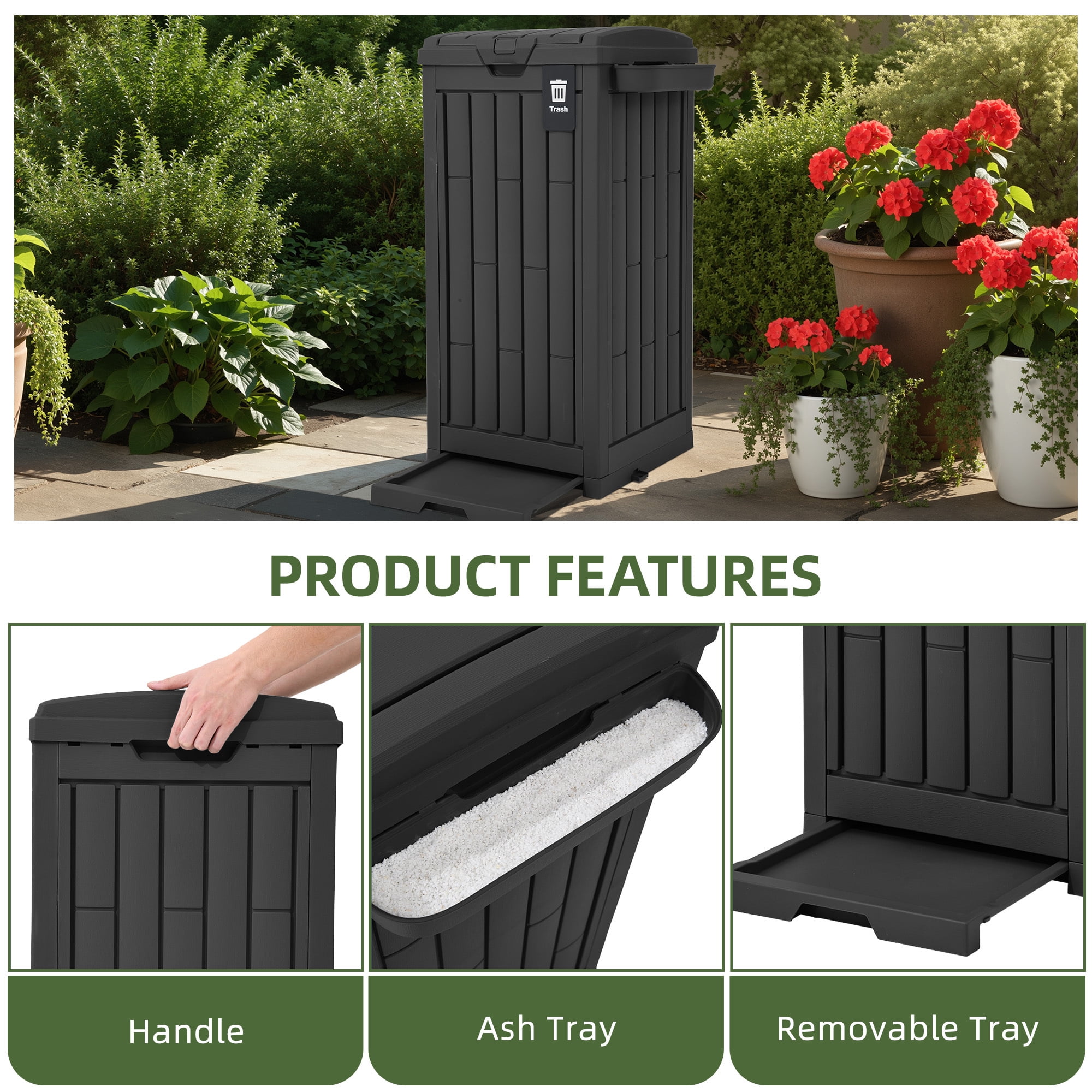 Uforic 38 Gallon Outdoor Resin Trash Can with Lid, Includes Sorting Labels, Ash Holder, Stakes and Suction Cups, Hideaway Storage for Patio Backyard Garden, Black