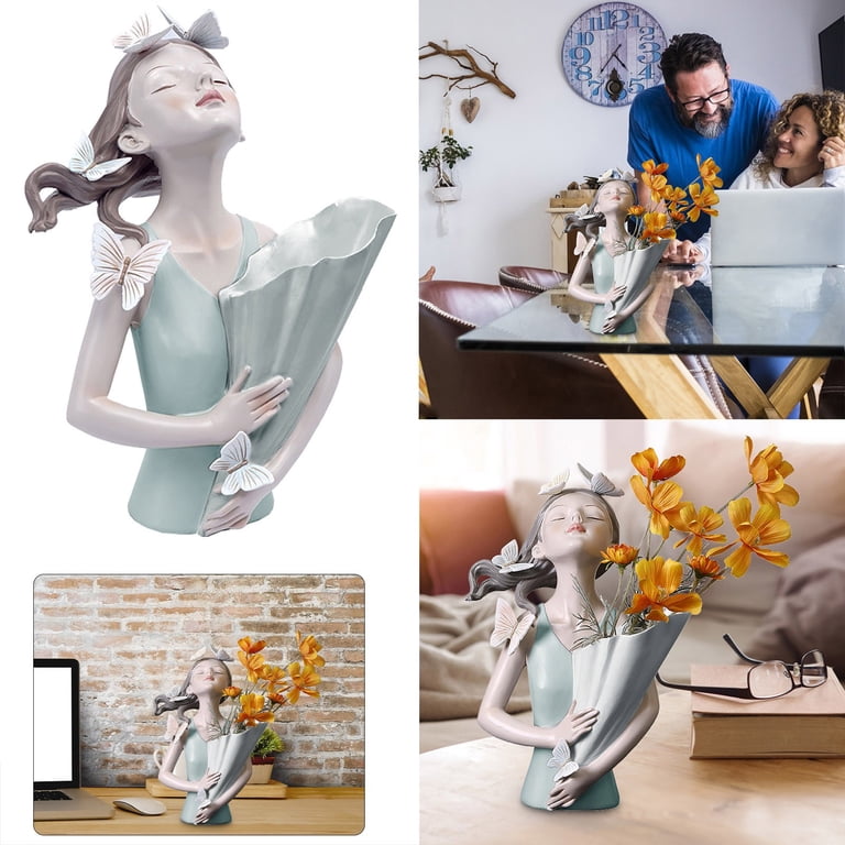 Piwvid Creative Resin Butterfly Girl Sculpture and Flower Vase 
