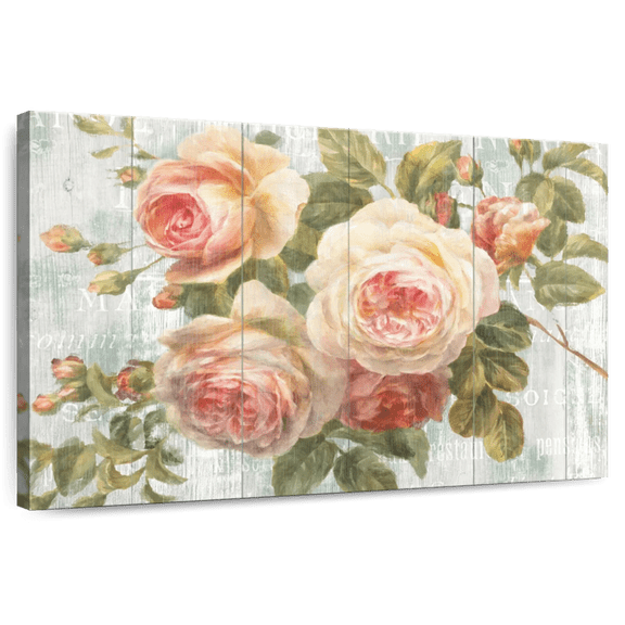 Elephant Stock Vintage Roses On Driftwood Wall Art - Horizontal Canvas Wall Art - Living Room Wall Decor - Floral And Botanical Canvas - Green And Gray Decor By Danhui Nai - 12" x 8"