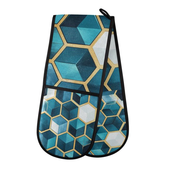 Yayeee Double Oven Mitt Kitchen Heat Resistant Baking 35" x7" Quilted Glove, Light Blue Geometric Pattern
