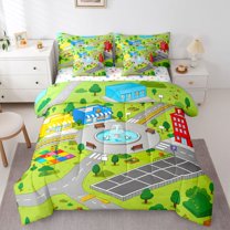 Homewish Cartoon Cute 7 Pieces Bedding Comforter Set For Preppy Children Kids,Construction Vehicles Full Bedding Set Lightweight,Car Theme Fitted Sheet Flat Sheet,Breathable Home Decor,Reversible