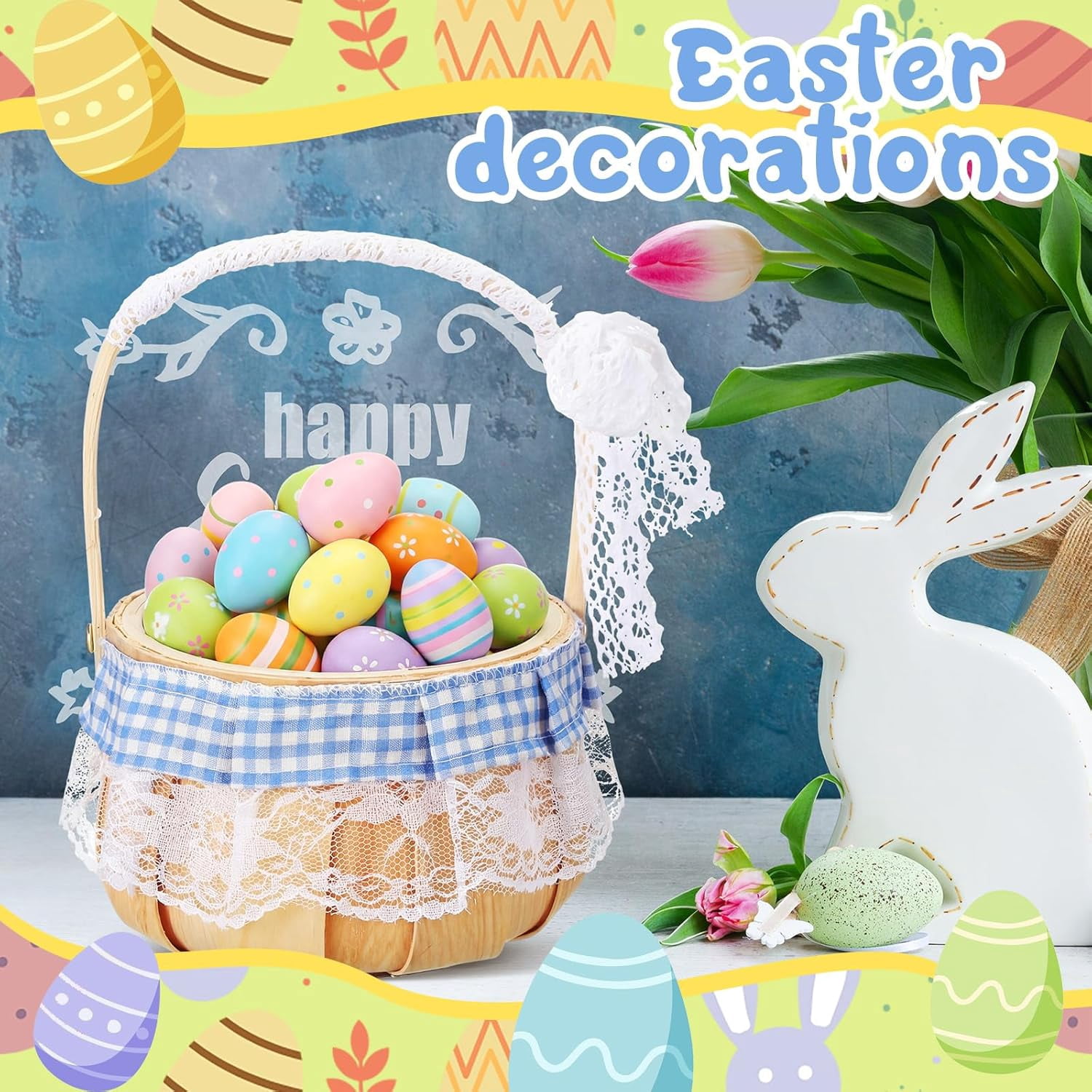 Easter Bunny Basket with Handle Small Rabbit Ears Picnic Basket Empty for Easter Eggs Hunt, Candy Storage, Outdoor Camping, Birthday, Halloween Costume(Blue and White,Round Style)