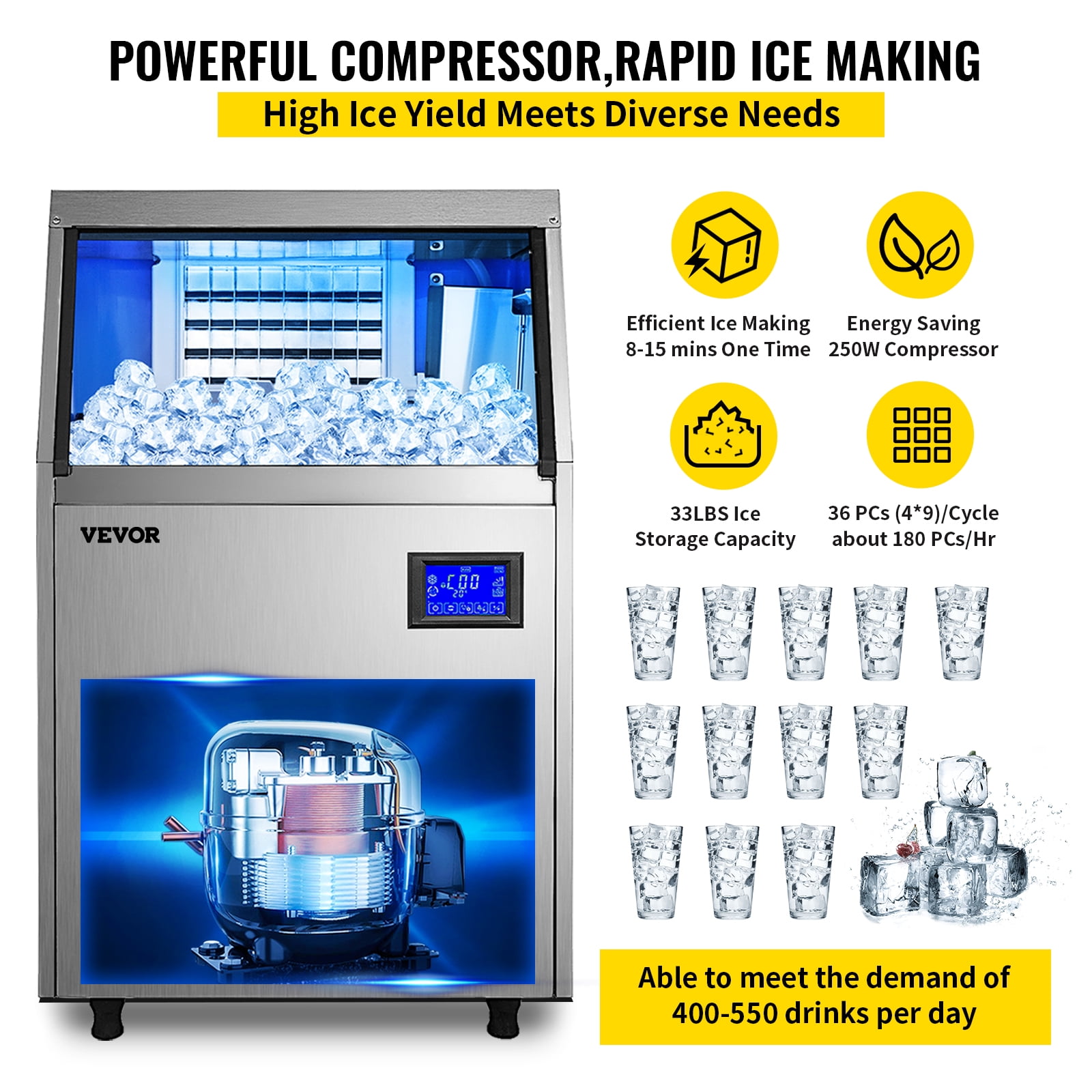 US 90LB Built-In Commercial Ice Maker Undercounter Freestand Ice Cube Machine 