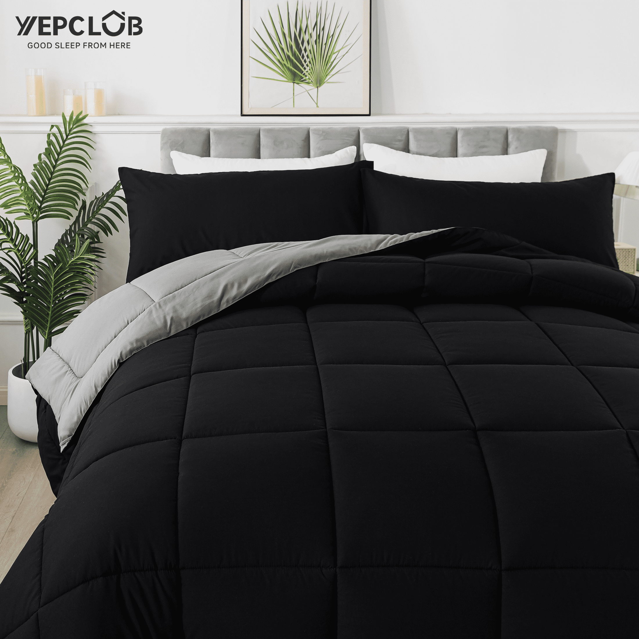 YEPCLUB 3-Piece King Size Comforter Set, Black and Gray Down Alternative Reversible Bedding Set, All-Season Quilted Soft Comforter with Pillowcases