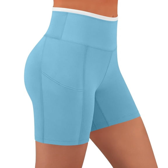 Women's High Waisted Biker Shorts Tummy Control Athletic Shorts with Phone Pockets Stretchy Workout Pants for Yoga Running Pilates Light Blue 2XL