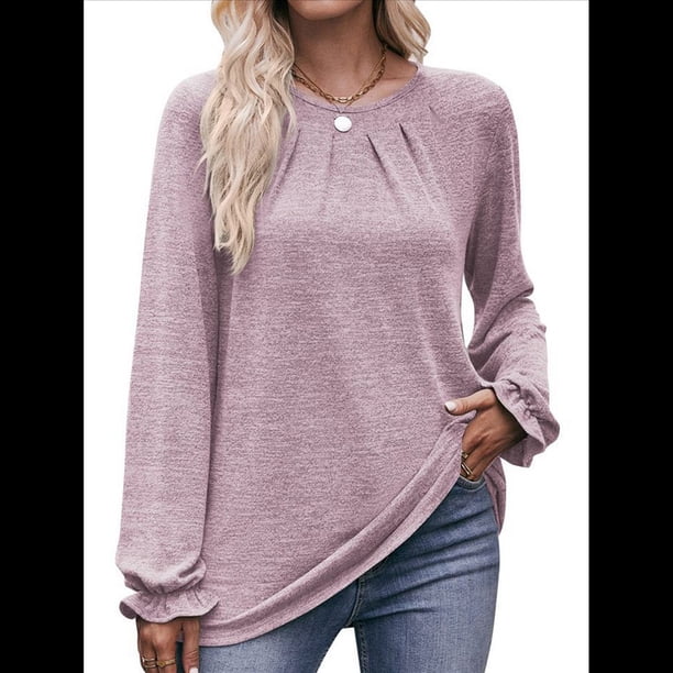 Camisas de Larga para Mujer, Moda Otoño 2025, Blusas Elegantes e Informales, Blusas Tipo Túnica Plisadas con Cuello Redondo. Púrpura L