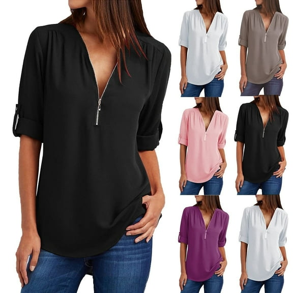 Fanxing Rolled Up Sleeve Shirts for Women Hide Belly Tunic Curvy Tops Dressy Casual 1/4 Zipper V Neck Blouses Black,L