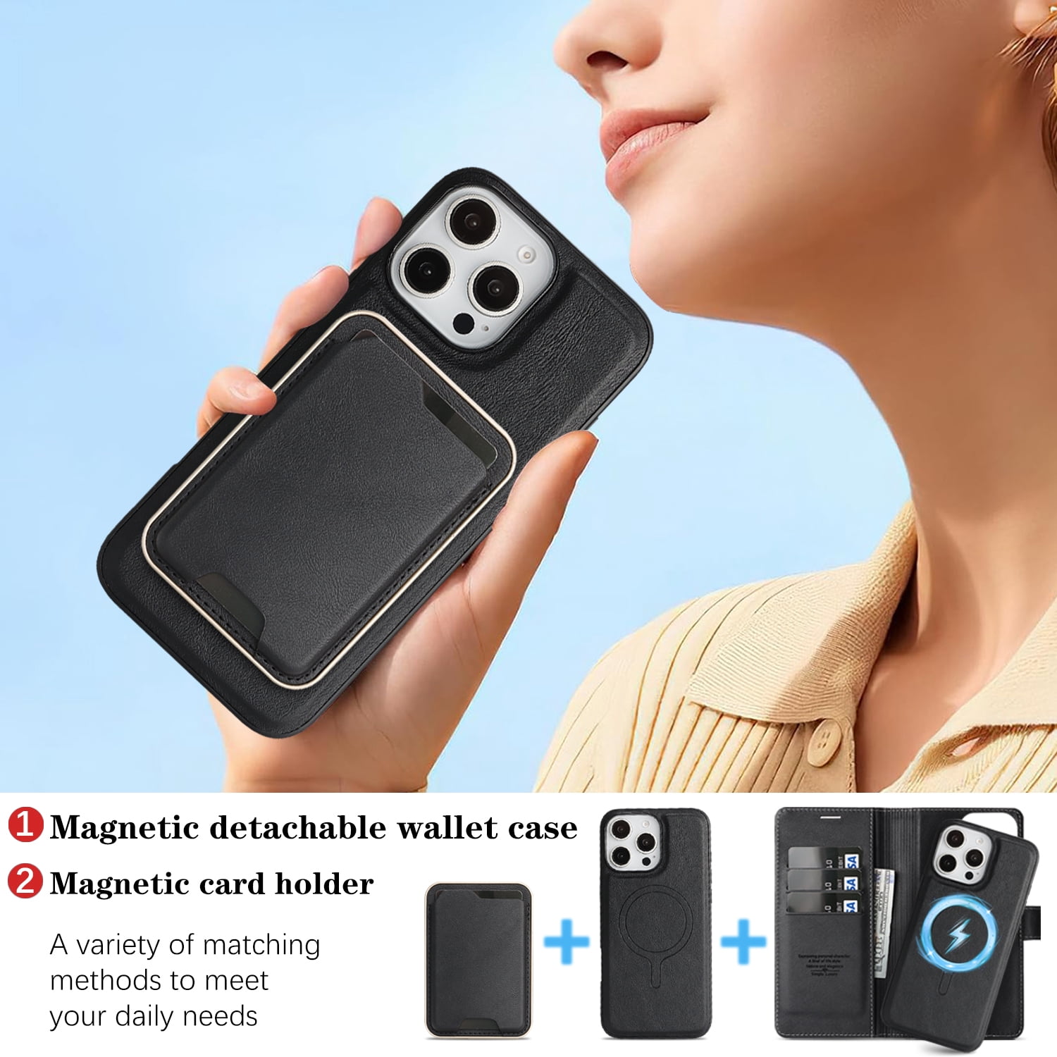 TECH CIRCLE 3-in-1 Phone Case for iPhone 15 Pro Max (2023 Release, 6.7"), Magnetic Flip Wallet Case with Detachable Magnetic Back Cover and Card Holder, Compatible with MagSafe Accessory, Black