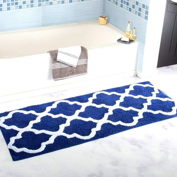 Nvzi Moroccan Trellis Pattern Mat Non Slip Absorbent Thick Soft Microfiber Bath Rug Doormat Carpet for Bathroom Kitchen (18" x 47",Blue)
