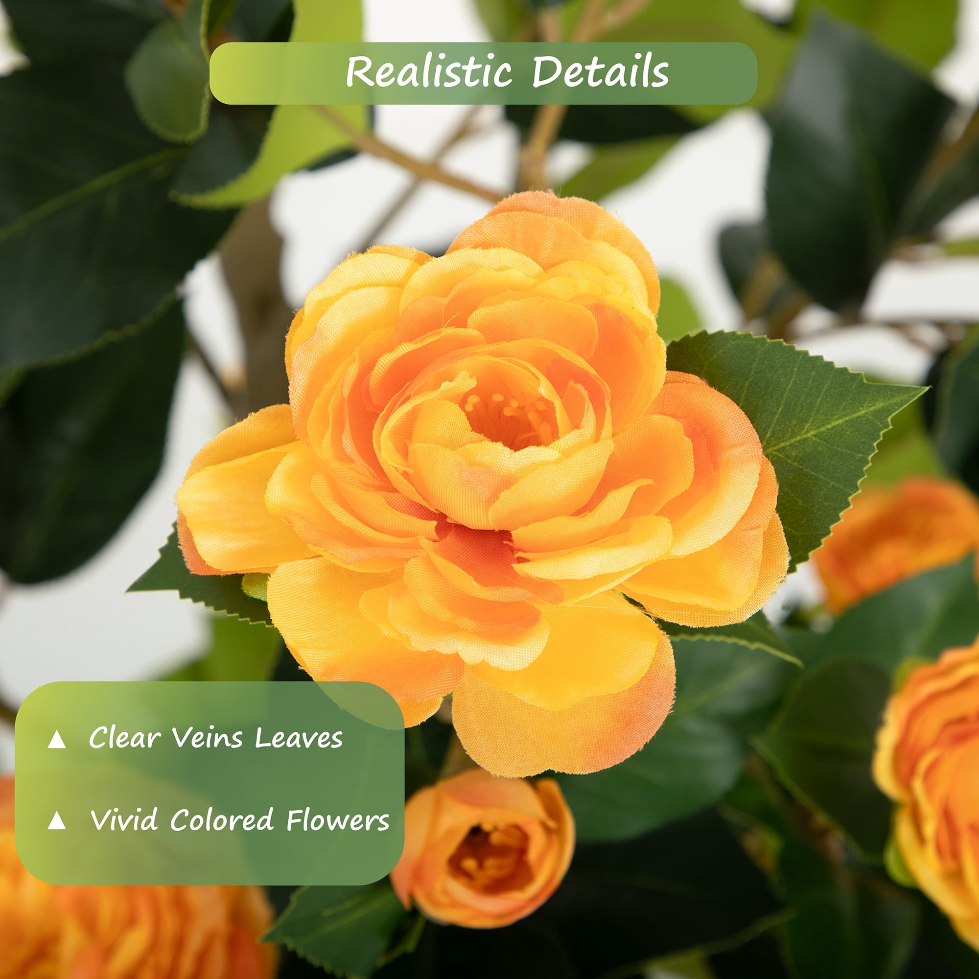 RosyHaven Full 2ft Artificial Camellia Tree with Realistic Orange Camellia Flowers, 24"Fake Camellia Tree, Faux Camellia Tree outdoor for Front Door Porch Patio Garden Yard Pool Room Decor,2Pack