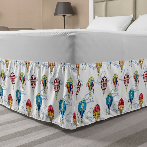 Colorful Bed Skirt, Hand Drawn Sketches Clouds and Hot Air Balloons Kids Playroom Nursery, Elastic Bedskirt Dust Ruffle Wrap Around for Bedding Decor, 4 Sizes, Multicolor, by Ambesonne