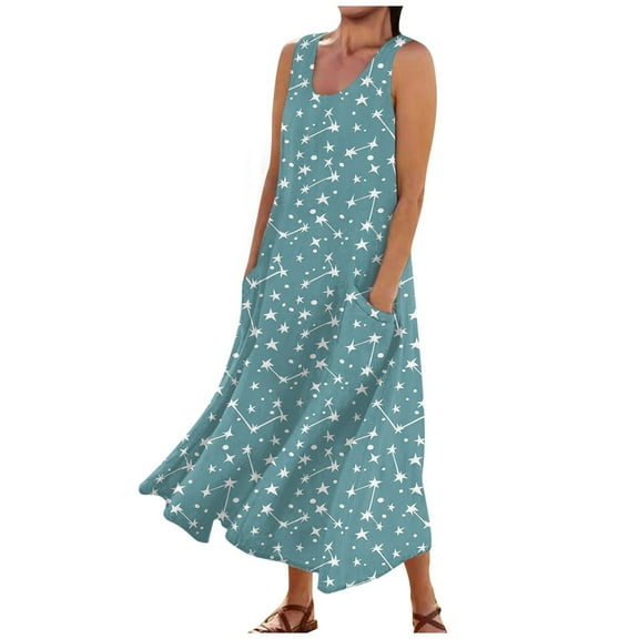 JULMCOMO Summer Dresses for Women 2024 Round Neck Casual Boho Long Dress Floral Print Plus Size Sleeveless Maxi Dress with Pocket Blue 5XL