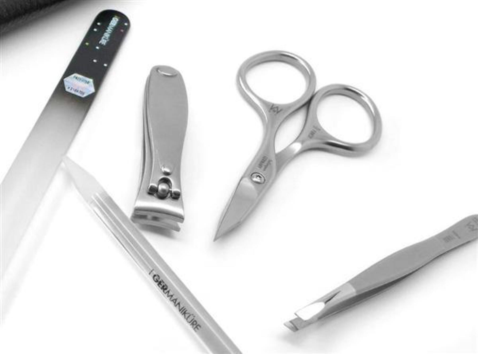 5pcs Travel Manicure Nail Kit German FINOX® Surgical Stainless Steel: Clippers, Scissors, Tweezers, Glass Nails File and Stick