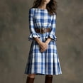 thumbnail image 4 of Gamivast Plaid Dress for Women Elegant Midi Dress Round Neck Flare Sleeve Vintage Dress Belted Plaid Pattern Pleated Hem Daily Office Party, 4 of 7
